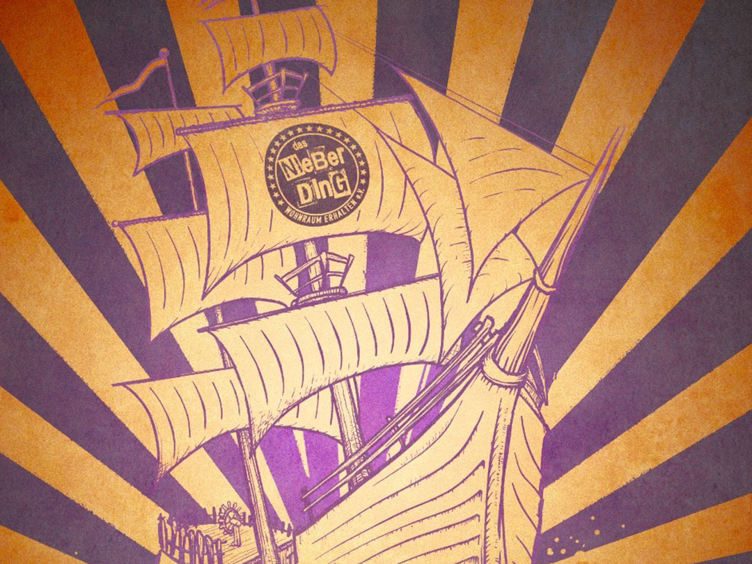 Das Plakat des Nieberingstrassenfests: Ein gezeichnetes Piratenschiff